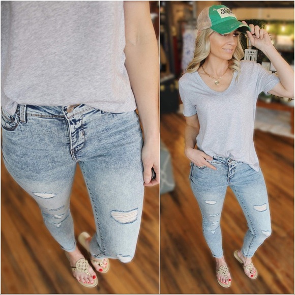 Distressed Ankle Slim Fit Acid Wash Jeans - Picture 2 of 5